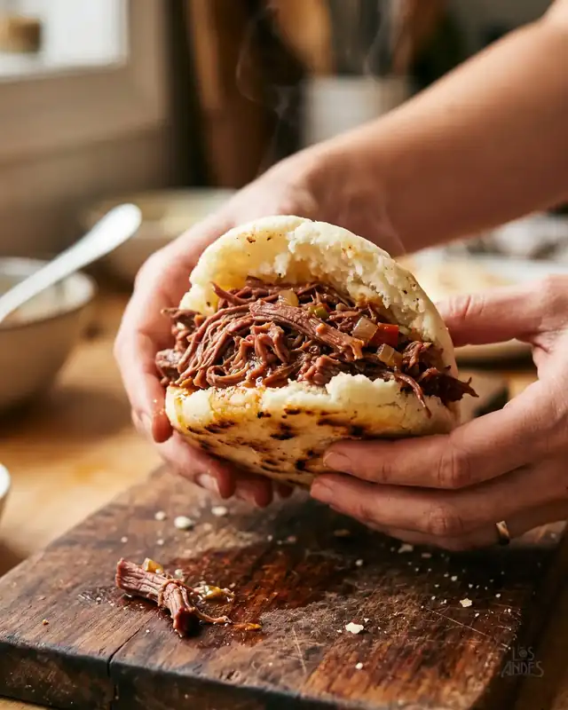 Manos rellenando una arepa de carne mechada