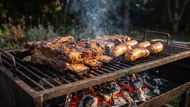 Carne y chorizos sobre la parrilla de carbón