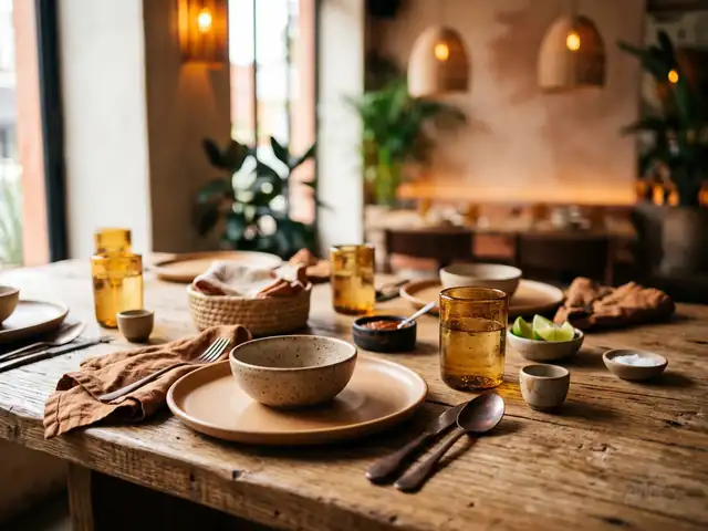 Mesa puesta en un comedor de ambiente cálido